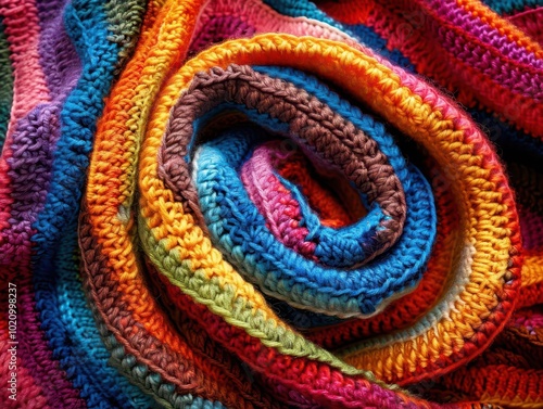 Handmade Crochet, vibrant colors, close-up, cozy setting, photography