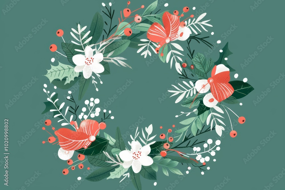 Obraz premium Festive floral wreath on green background