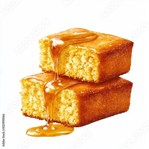 A delicious, golden cornbread topped with flowing honey, showing a moist texture and inviting appearance. watercolor clipart, isolated on white background.