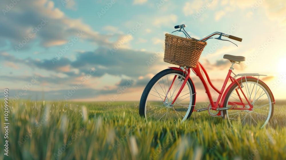 Naklejka premium Red Bicycle with Basket in a Sunlit Grassy Field at Sunset
