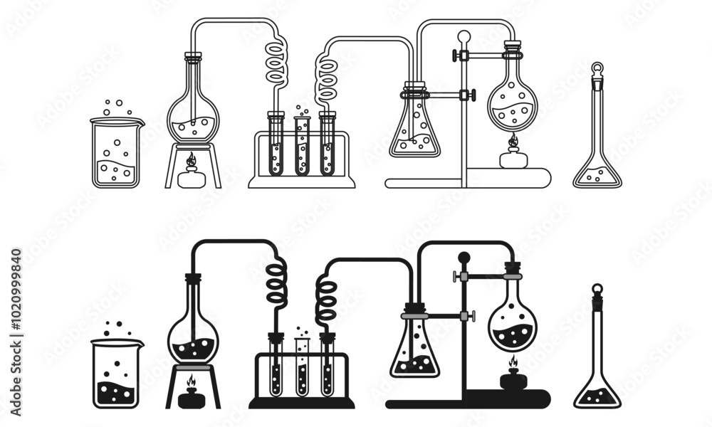 chemical laboratory experiment set vector illustration isolated on white background.