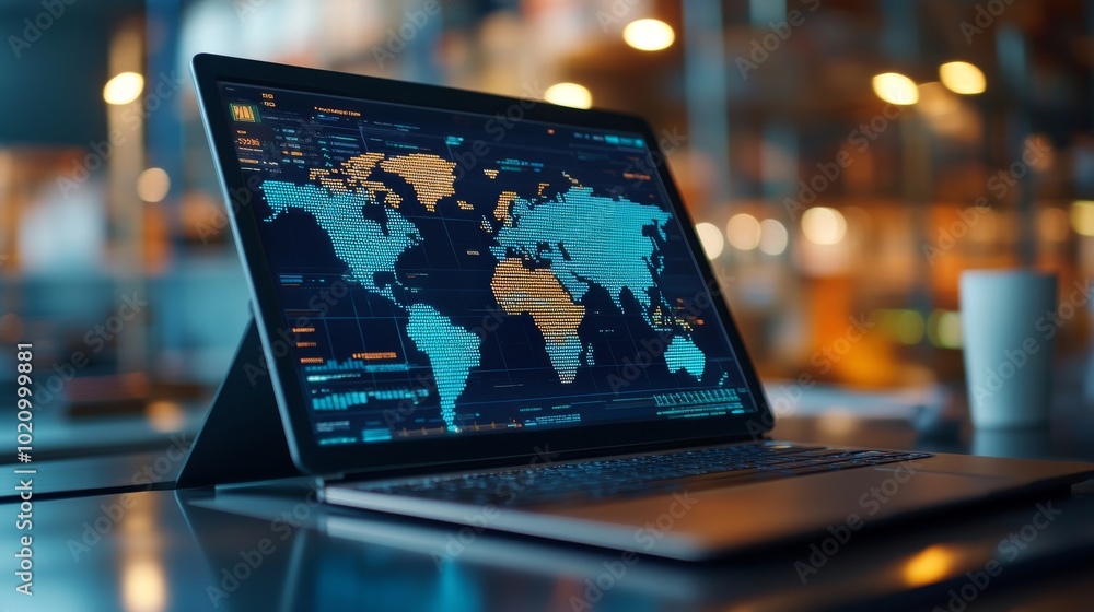 Holographic Tablet Displaying Global Trade Networks in Business Technology Concept