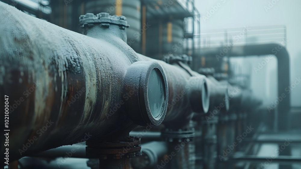 A macro view of reactor vessels, cracking units, and the surrounding pipework, covered in condensation. A macro view of reactor vessels, cracking units, and the surrounding pipework, covered in condensation.