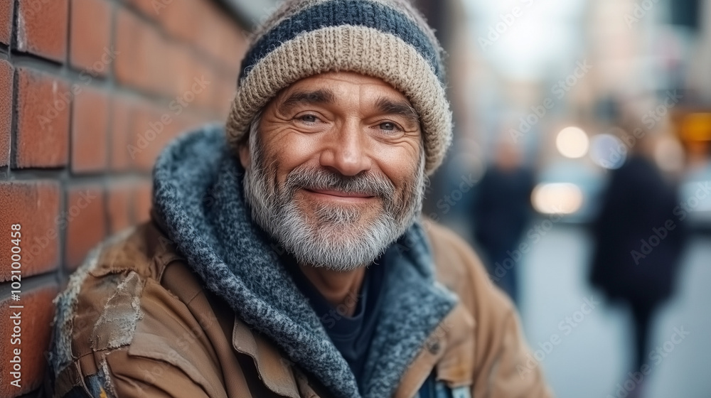portrait of a smiling homeless man on the street portrait of a smiling homeless man on the street