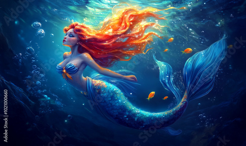 Beautiful mermaid swimming in the depths, illustration generative AI