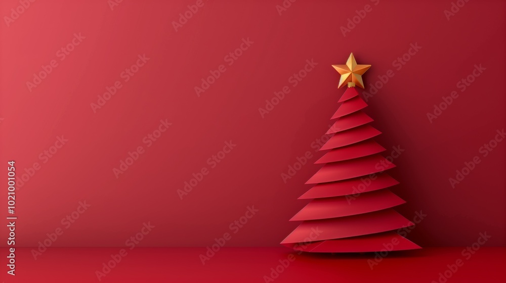 A minimalistic red Christmas tree with a golden star on top, set against a monochrome red background. A minimalistic red Christmas tree with a golden star on top, set against a monochrome red background.