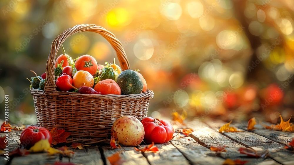 A quaint wicker basket filled with an abundant assortment of vegetables, such as tomatoes and zucchini, sits outside on a rustic wooden surface. A quaint wicker basket filled with an abundant assortment of vegetables, such as tomatoes and zucchini, sits outside on a rustic wooden surface.
