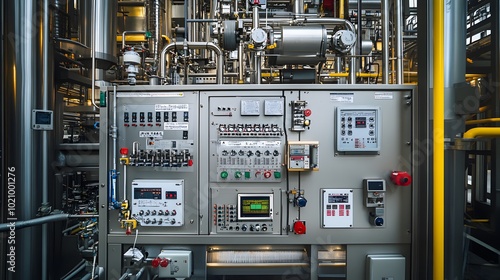 A macro view of the control systems attached to reactor vessels and cracking units in a high-tech petrochemical facility.
