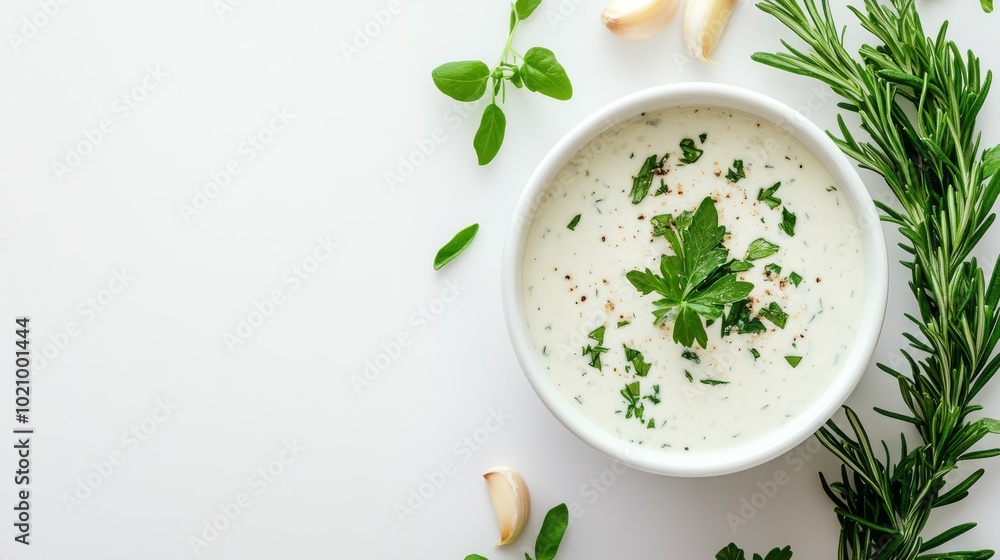 Top View of Creamy Ranch Dressing with Herbs and Garlic Top View of Creamy Ranch Dressing with Herbs and Garlic