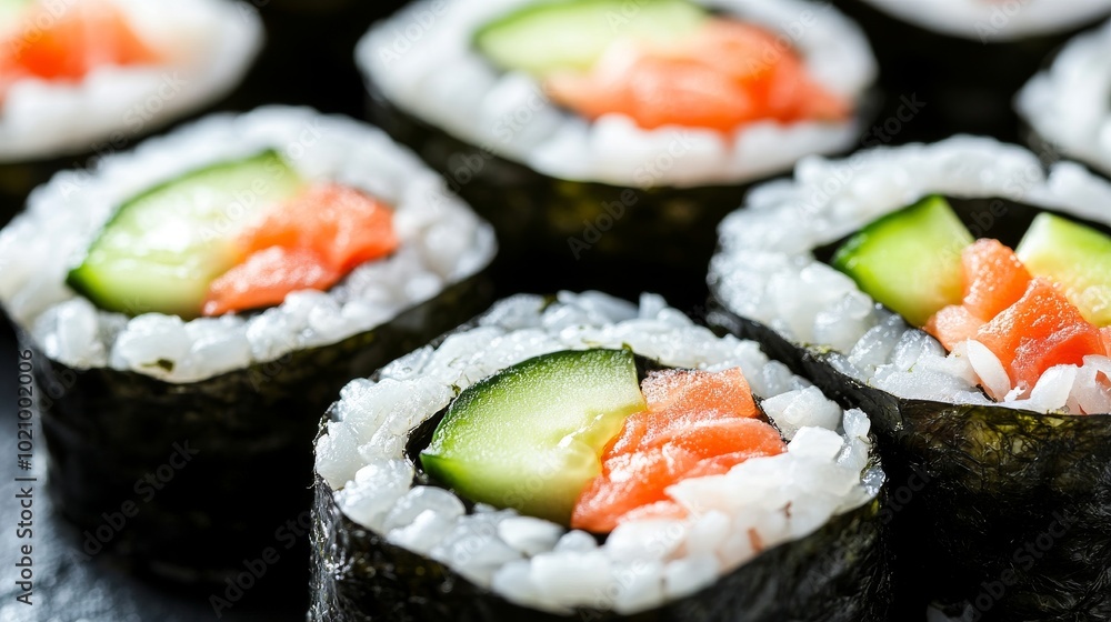 Close-up of a Vibrant Sushi Roll with Fresh Ingredients Close-up of a Vibrant Sushi Roll with Fresh Ingredients