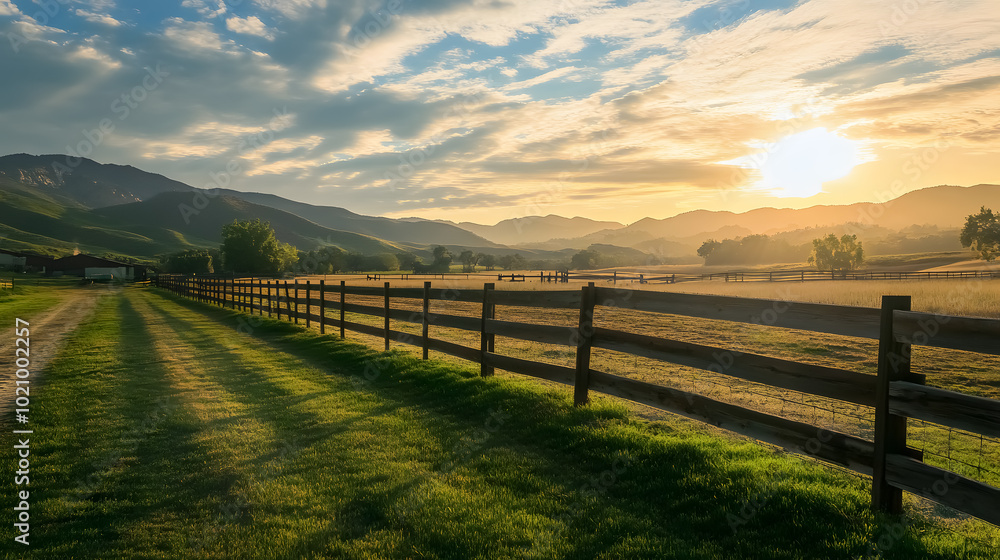 Picturesque Landscape, Fenced Ranch at Sunrise: A scenic view of a fenced ranch bathed in the warm light of sunrise, capturing the tranquil beauty of the rural landscape. Picturesque Landscape, Fenced Ranch at Sunrise: A scenic view of a fenced ranch bathed in the warm light of sunrise, capturing the tranquil beauty of the rural landscape.