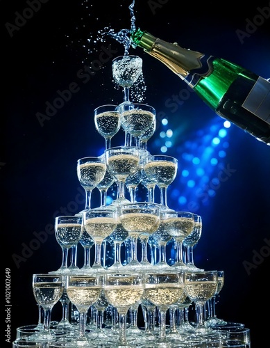 Champagne poured into a champagne tower.　