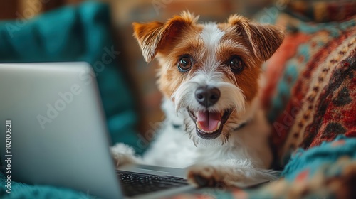 a cheerful dog surrounded by colorful confetti playing with a laptop in a pastel turquoise environment radiating joy and liveliness perfect for petrelated themes photo