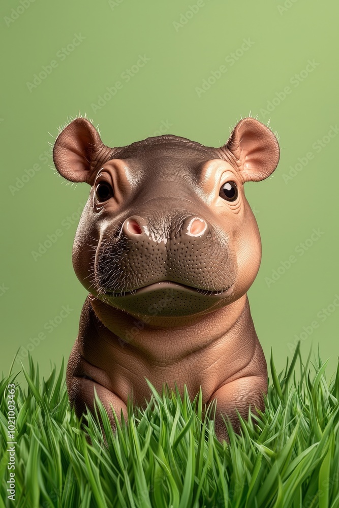 Naklejka premium Adorable Hippo Sitting in Lush Green Grass