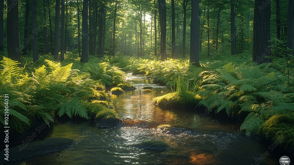 the Lush bog with dense ferns and a small, babbling brook. the Lush bog with dense ferns and a small, babbling brook.