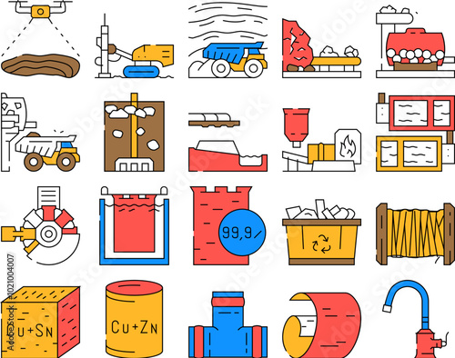 copper production industry metal icons set vector. equipment technology, factory manufacture, industrial process, construction iron copper production industry metal color Contour Illustrations