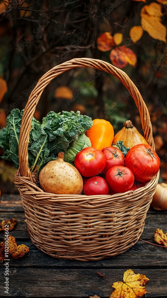 A wicker basket filled with various vegetables, including kale, tomatoes, bell pepper, and squash, placed on a wooden surface with autumn leaves around it. A wicker basket filled with various vegetables, including kale, tomatoes, bell pepper, and squash, placed on a wooden surface with autumn leaves around it.