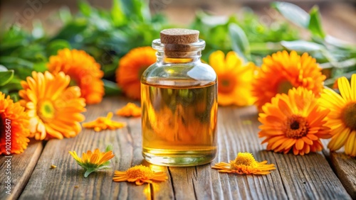 A glass bottle of golden oil sits surrounded by vibrant orange calendula flowers on a rustic wooden surface, capturing the essence of natural beauty and healing.