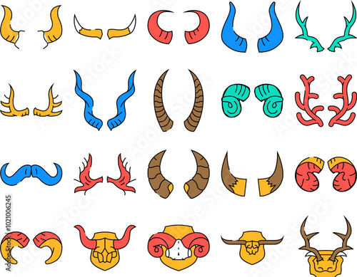 horn animal head wild icons set vector. wildlife deer, nature antelope, cow horned, ram bull, bon, moose, silhouette mammal horn animal head wild color Contour Illustrations
