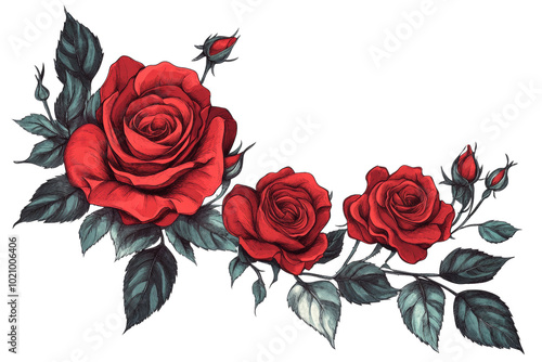 Vibrant red roses with green leaves on a white background, perfect for decorative purposes. photo