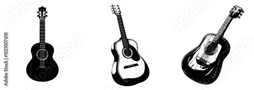 An icon depicting an acoustic guitar in green. It is drawn in a cartoon style, and the design is inspired by 70s retro clip art. photo