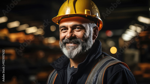 Smiling Adult Man in Uniform and Hard Hat at Production Site