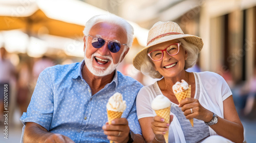 Elderly Couple Delights in Shared Ice Cream Moment