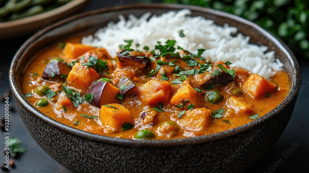 A bowl of creamy coconut curry filled with vegetables like eggplant, sweet potatoes, and green beans, served with jasmine rice and cilantro garnish A bowl of creamy coconut curry filled with vegetables like eggplant, sweet potatoes, and green beans, served with jasmine rice and cilantro garnish