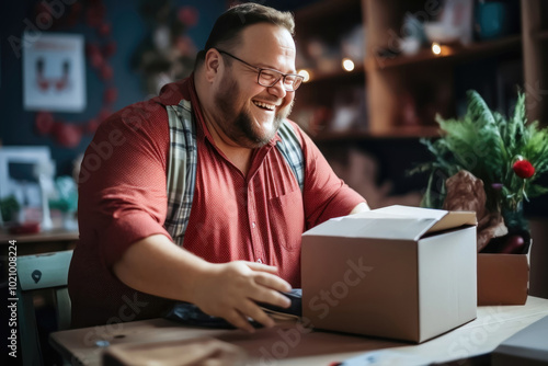 Confident Adult Man with Down Syndrome Packing Goods in Cardboard Box