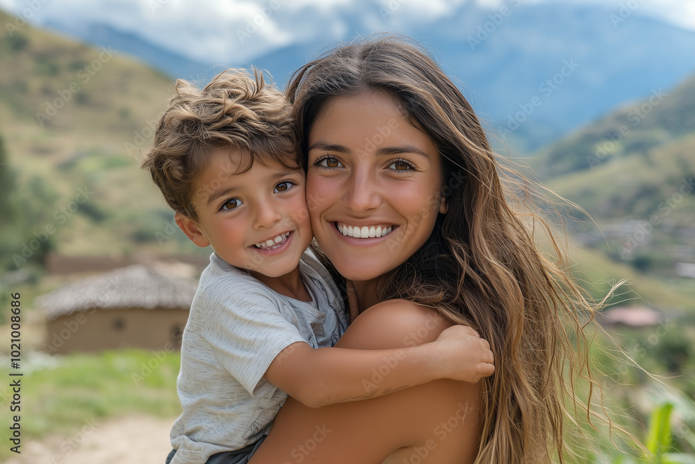 Mother and son enjoy the beauty of the Latin American countryside, with mountains and wildflowers, in a moment of shared happiness. Mother and son enjoy the beauty of the Latin American countryside, with mountains and wildflowers, in a moment of shared happiness.