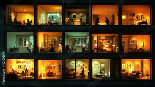 Wallpaper Mural Vibrant nighttime view of multiple apartments showcasing varied activities and warm lighting in a city building Torontodigital.ca