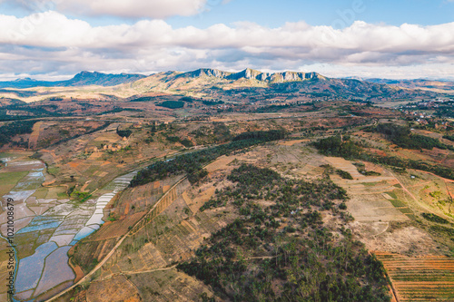 Madagascar - aerial view of country side at sunset