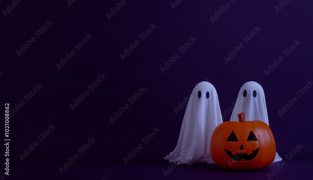 Jack-O-Lantern And Cute Ghosts Isolated On a Dark Purple Background, Halloween Wallpaper With Copy Space Jack-O-Lantern And Cute Ghosts Isolated On a Dark Purple Background, Halloween Wallpaper With Copy Space