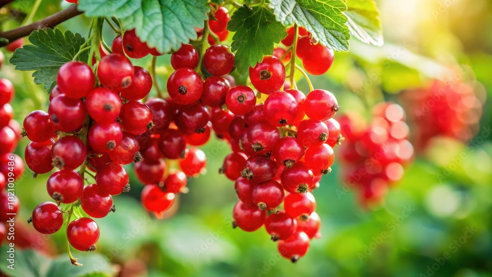 A cluster of ripe red currants hanging from a branch, illuminated by warm sunlight, with a soft focus background showcasing the lush green foliage. A cluster of ripe red currants hanging from a branch, illuminated by warm sunlight, with a soft focus background showcasing the lush green foliage.