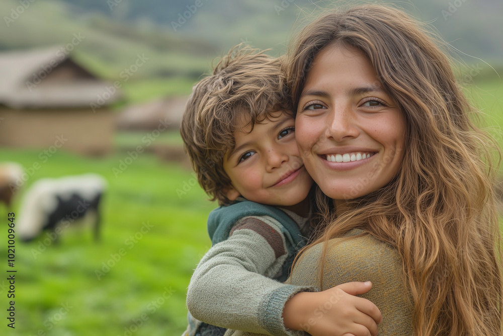 In an open meadow, a Latina mother carries her son on her back, enjoying the summer with smiles, cows grazing and mountains in the background. In an open meadow, a Latina mother carries her son on her back, enjoying the summer with smiles, cows grazing and mountains in the background.