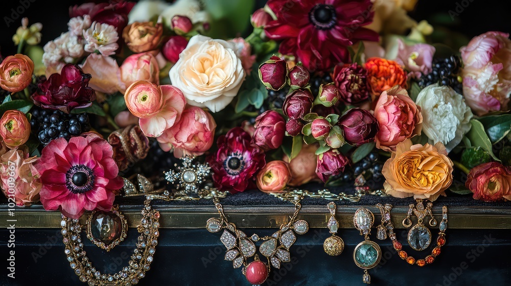 A striking arrangement of flowers combined with various jewelry pieces, highlighting the elegance and beauty of both elements A striking arrangement of flowers combined with various jewelry pieces, highlighting the elegance and beauty of both elements
