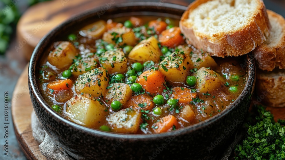 A bowl of hearty vegetable stew with chunks of potatoes, carrots, and peas, served with a slice of warm, buttered bread A bowl of hearty vegetable stew with chunks of potatoes, carrots, and peas, served with a slice of warm, buttered bread