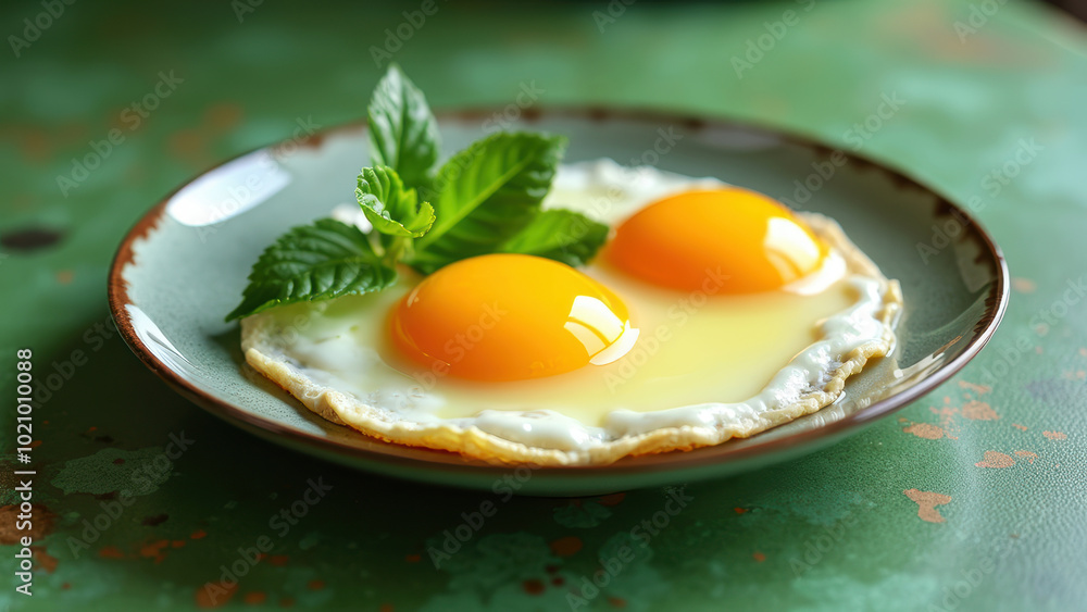 Close-up of egg yolks and basil on a ceramic plate Close-up of egg yolks and basil on a ceramic plate