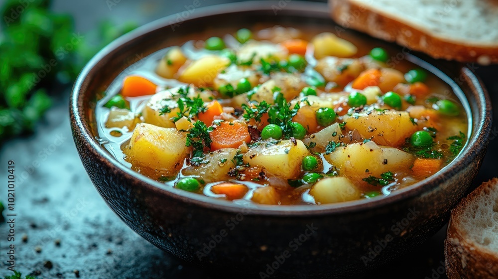A bowl of hearty vegetable stew with chunks of potatoes, carrots, and peas, served with a slice of warm, buttered bread A bowl of hearty vegetable stew with chunks of potatoes, carrots, and peas, served with a slice of warm, buttered bread