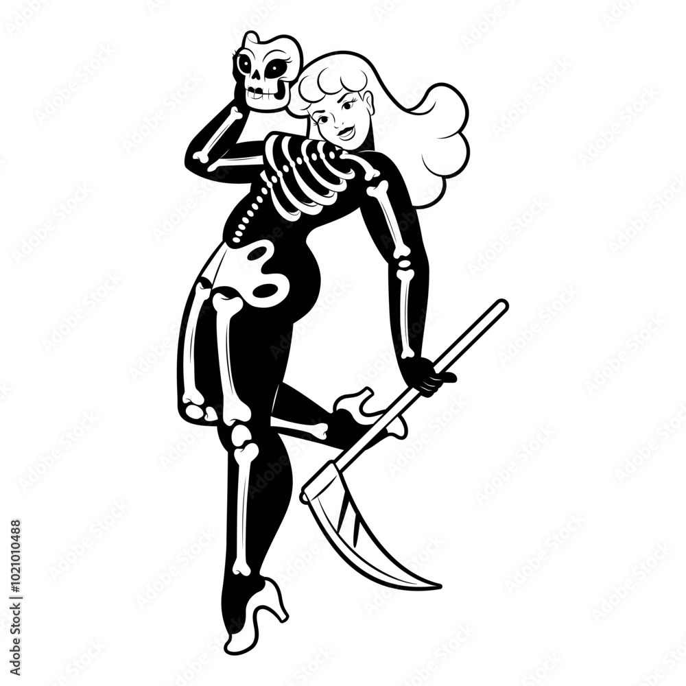 Fototapeta premium Vector Beautiful Skeleton Girl Cartoon Pin Up Retro Style Illustration Isolated