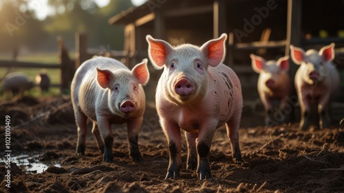 A group of pink piglets standing in a muddy pen on a farm, looking up at the camera.