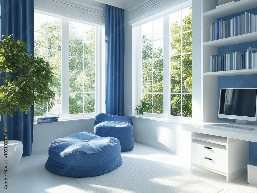Bright study room with cobalt blue furniture against white walls Bright study room with cobalt blue furniture against white walls