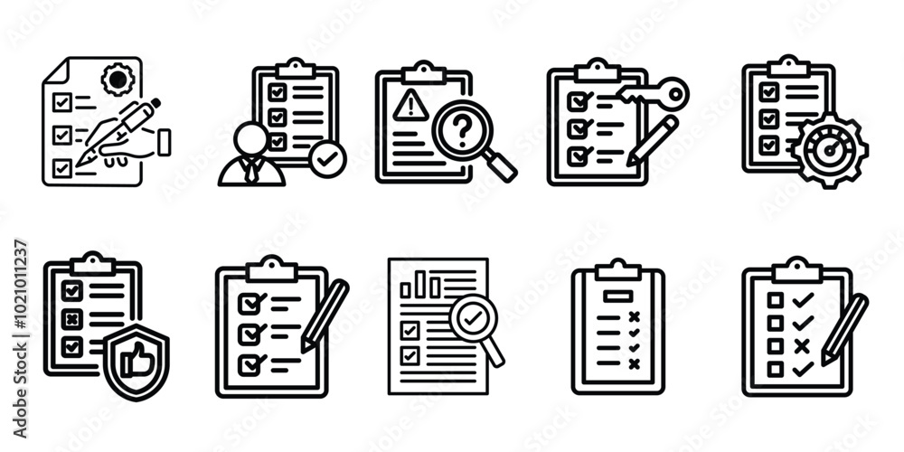 Evaluation thin line icon set. Containing checklist, review, quality, survey, analysis, document, business management data, inspection, statistic, inspecting, statement, report, test vector Evaluation thin line icon set. Containing checklist, review, quality, survey, analysis, document, business management data, inspection, statistic, inspecting, statement, report, test vector