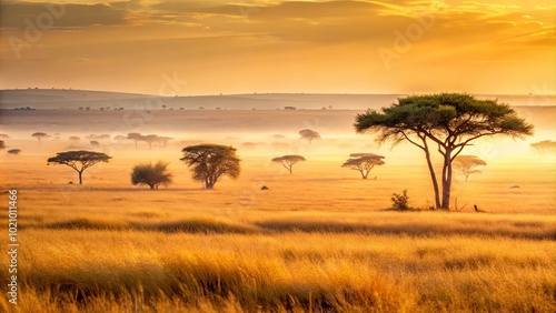 Golden Dawn Over a Serene Savannah, Where Silhouette Trees Stand Tall Amidst the Mist and Grasslands Stretch as Far as the Eye Can See