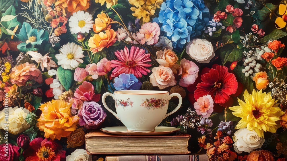 A vibrant collage of assorted flowers arranged around vintage books and a teacup, creating a cozy and artistic atmosphere A vibrant collage of assorted flowers arranged around vintage books and a teacup, creating a cozy and artistic atmosphere