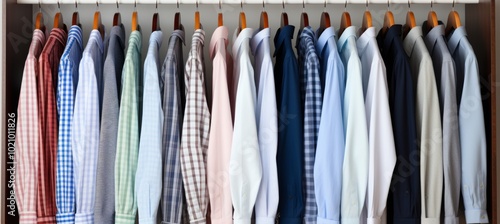 Neatly organized closet featuring well hung clothes and a tidy arrangement for easy access