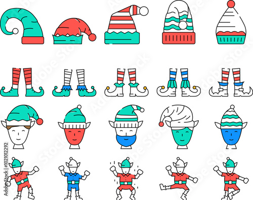 elf christmas cute xmas hat icons set vector. santa holiday, happy fun, gift winter, merry present, little funny, elves feet shoes elf christmas cute xmas hat color Contour Illustrations