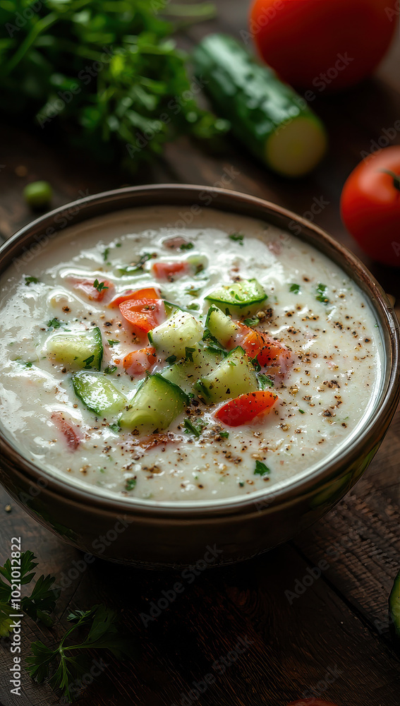 A delicious bowl of creamy yogurt topped with fresh cucumber, tomatoes, and herbs, presented on a rustic wooden table with fresh veggies scattered around. A delicious bowl of creamy yogurt topped with fresh cucumber, tomatoes, and herbs, presented on a rustic wooden table with fresh veggies scattered around.