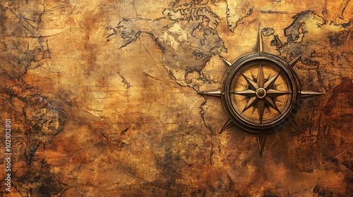 Ancient Compass on Vintage World Map, an intricate illustration showcasing a weathered compass atop a historical map, evoking exploration and adventure of bygone eras.