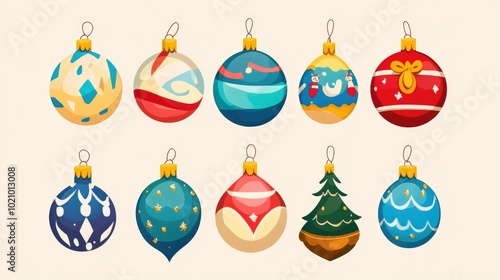 Christmas tree ornaments flat design front view winter wonderland theme cartoon drawing vivid